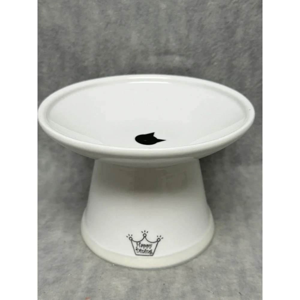 Necoichi Raised Cat‎ Food Bowl White Ceramic Paw Print Happy Dining Kitten